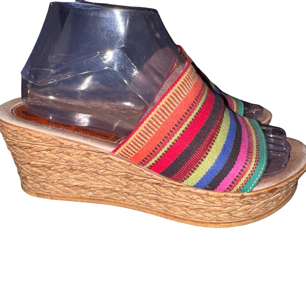 Sbicca Rainbow Striped‎ Platform Wedge Slide Sandals Boho Festival Resort Mexico - Picture 3 of 7